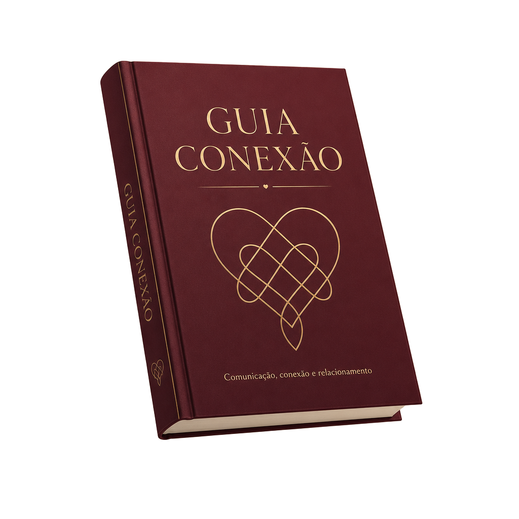 Mockup do ebook Guia Conexão com capa vinho e detalhes dourados